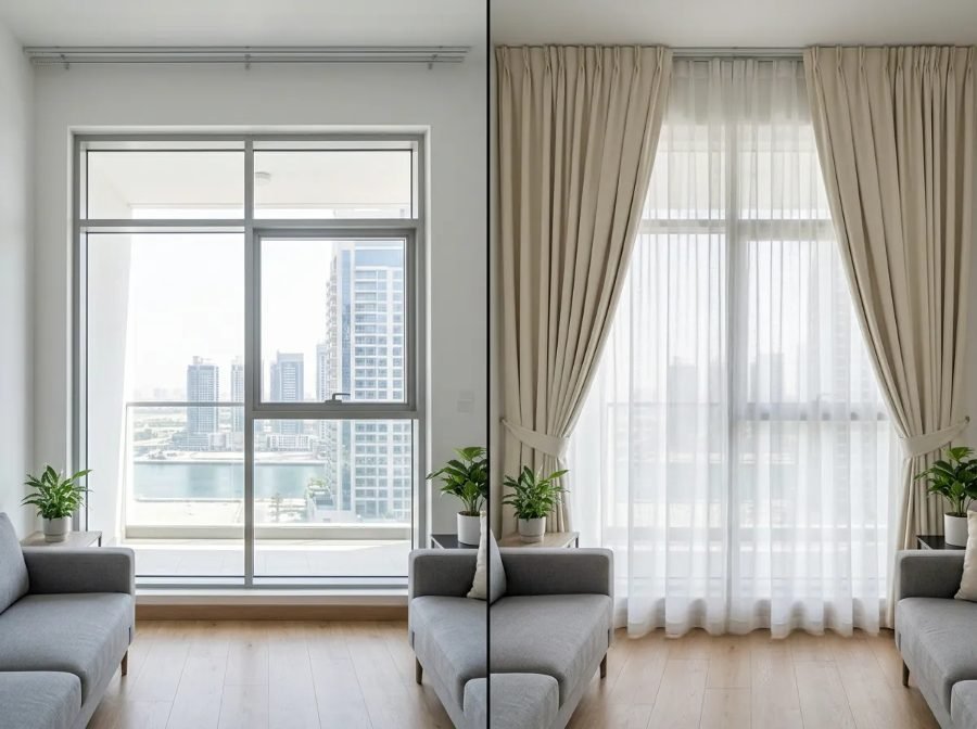 Bare aluminium track, no curtains, Reem apartment → Linen sheers + ivory drapes, double track