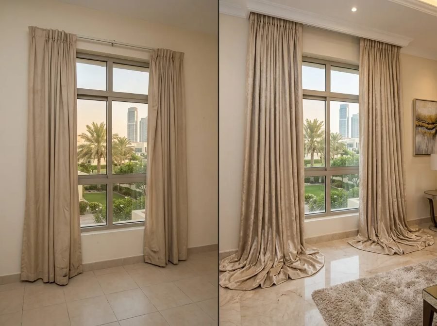 Old beige polyester drapes, Khalifa villa → Champagne premium fabric, floor-pooled