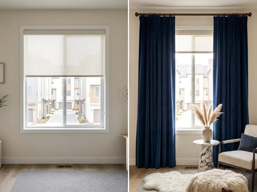 Builder-grade roller, Yas townhouse → Navy velvet blackout, pinch-pleat header